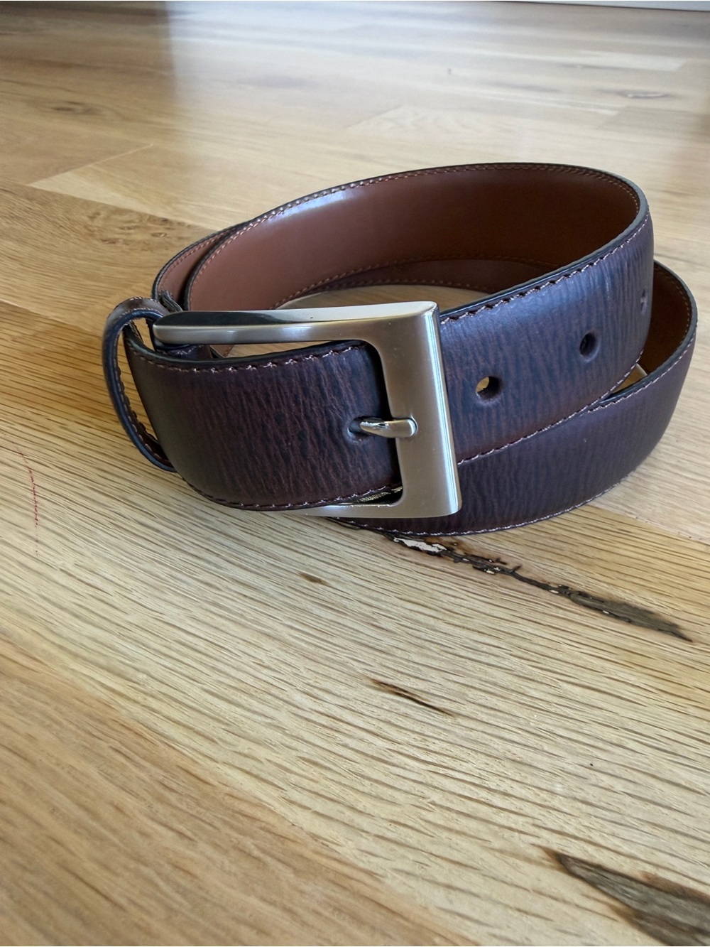 Davis Bros. Brown Leather Belt with Brushed Silver Buckle - Size 32
